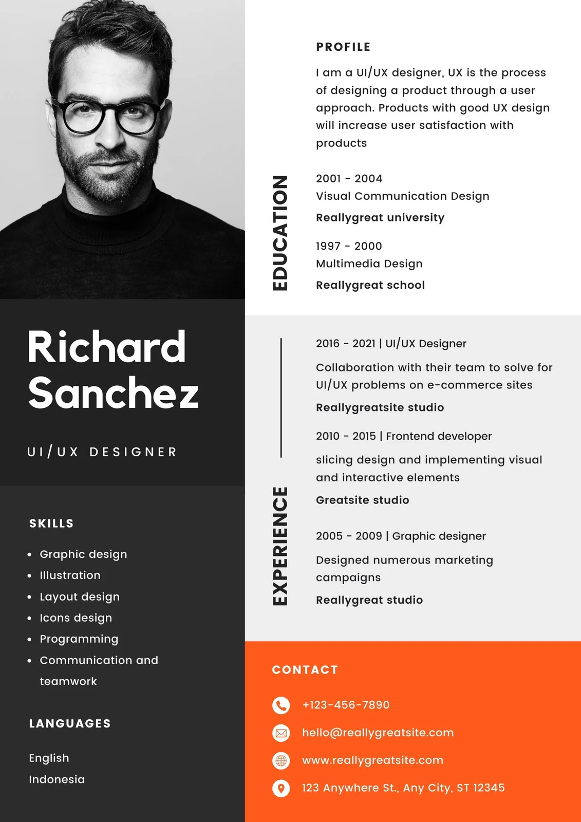 Black Orange Modern UI/UX Designer Professional Resume