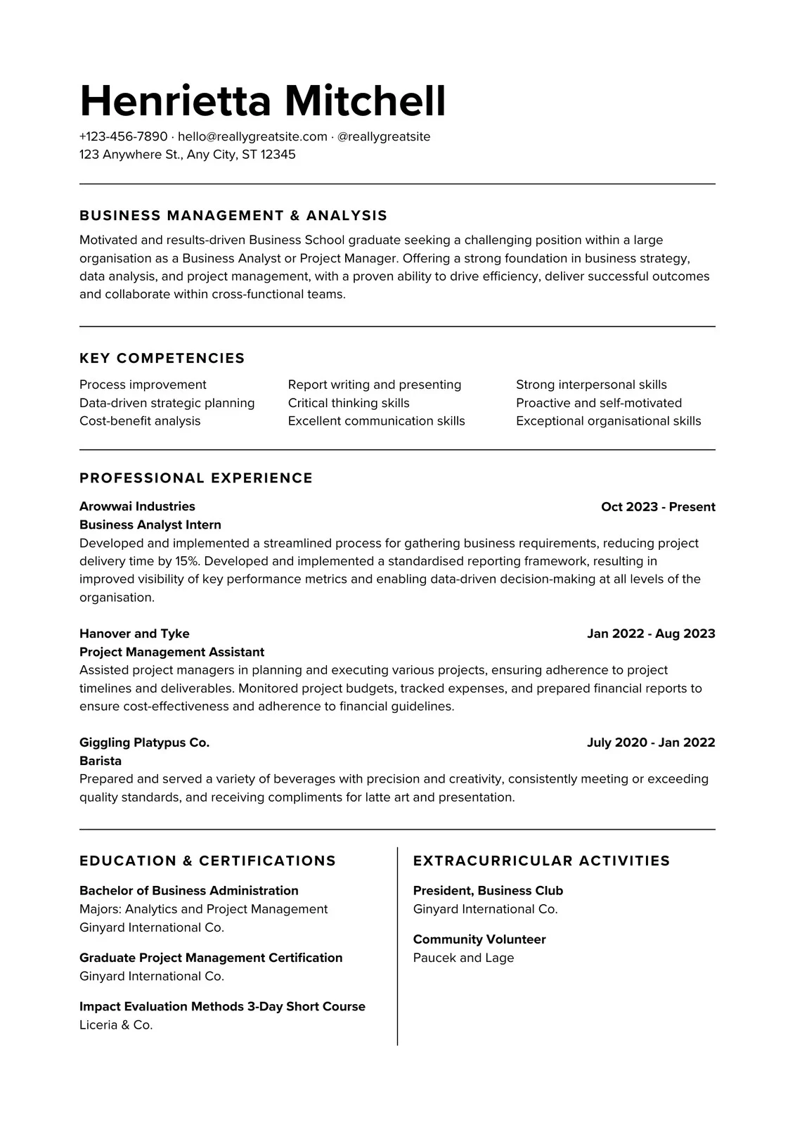 Black and White Simple Business School Graduate Corporate Resume