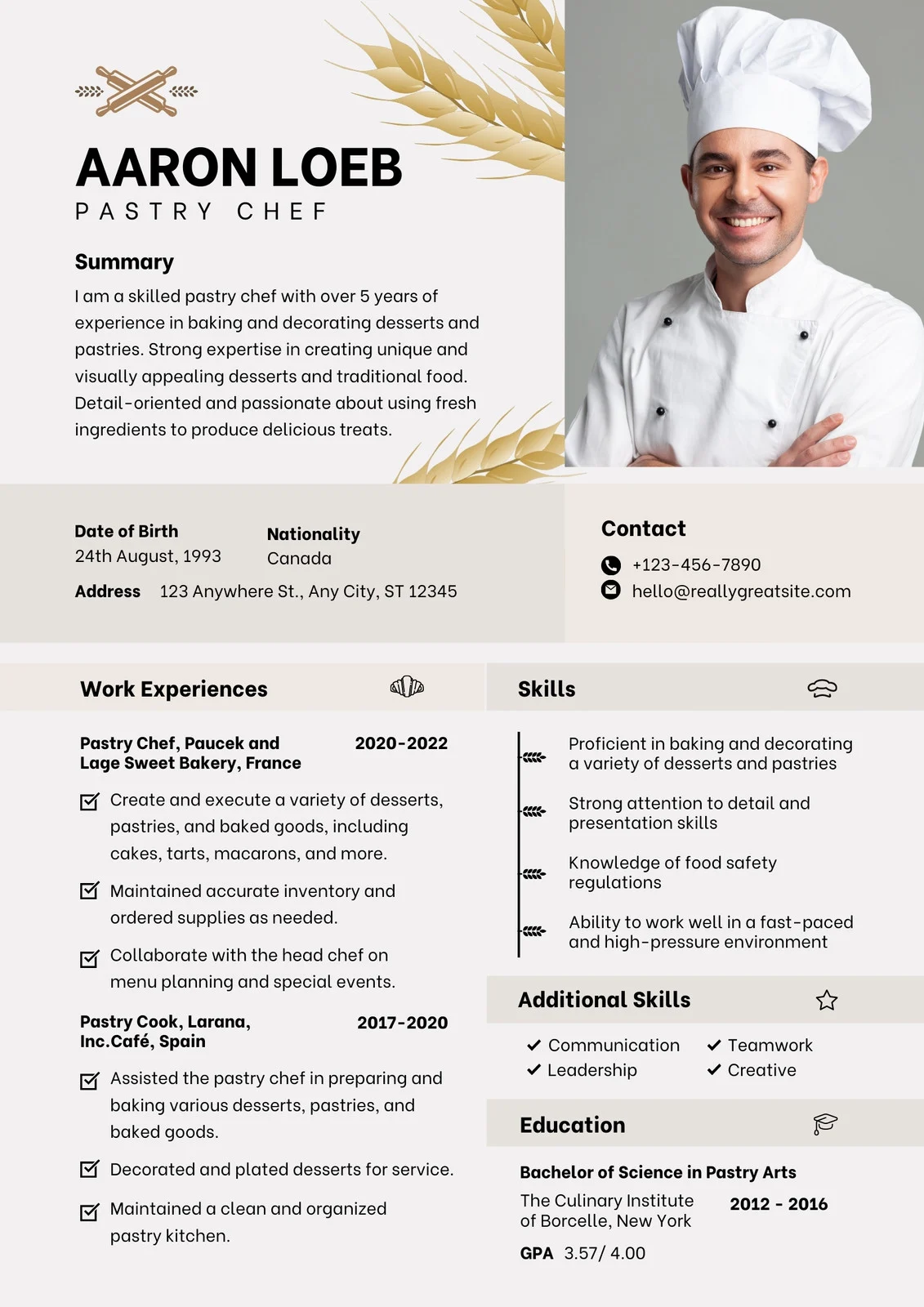 Simple Modern Elegant Pastry And Bakery Chef CV Resume