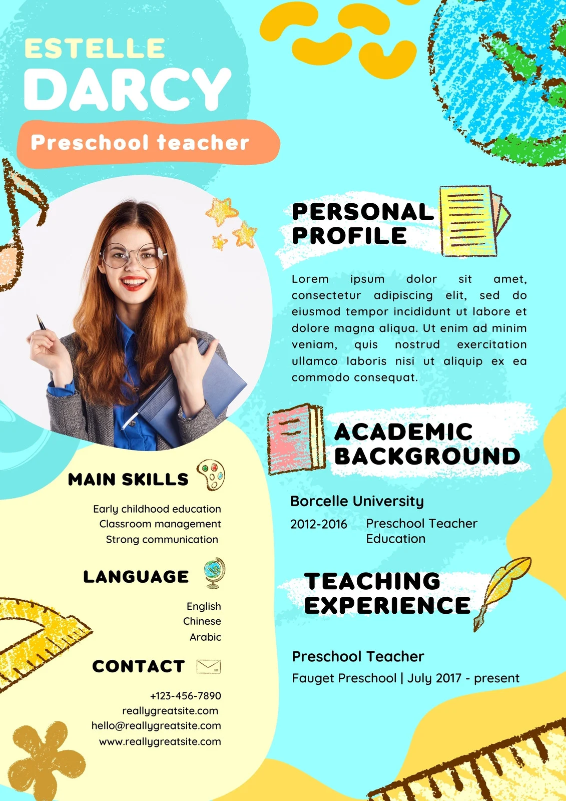 Blue and Yellow Playful Preschool Teacher Resume